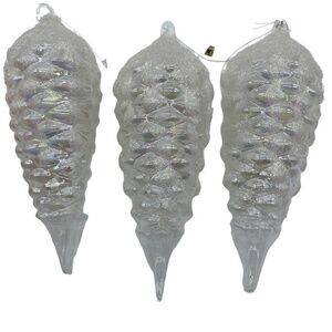 Vintage Clear White Glittery Pine Cone Ornaments Hand Blown Set of 3  Taiwan